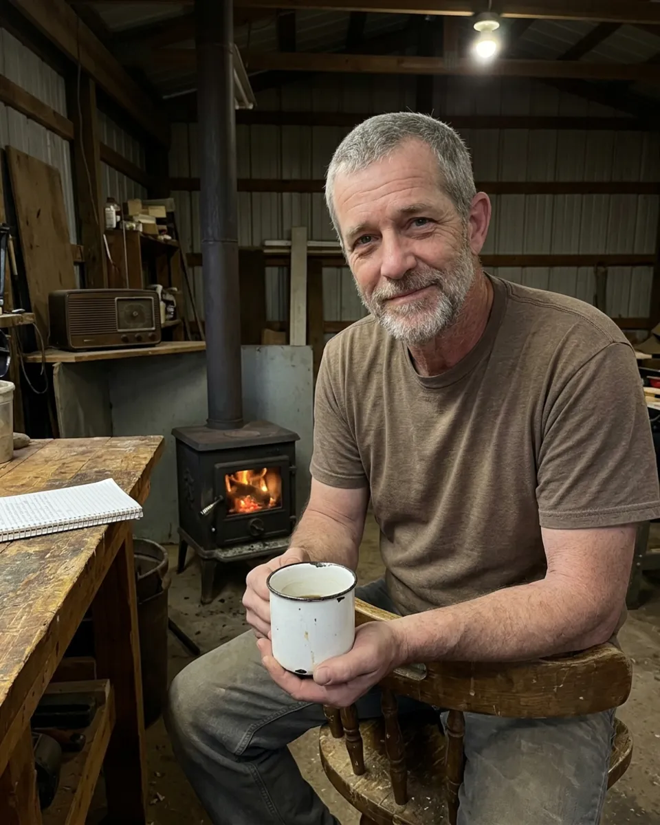 Dale sitting in his workshop with a white enamel coffee mug, a fire going in the wood stove behind him