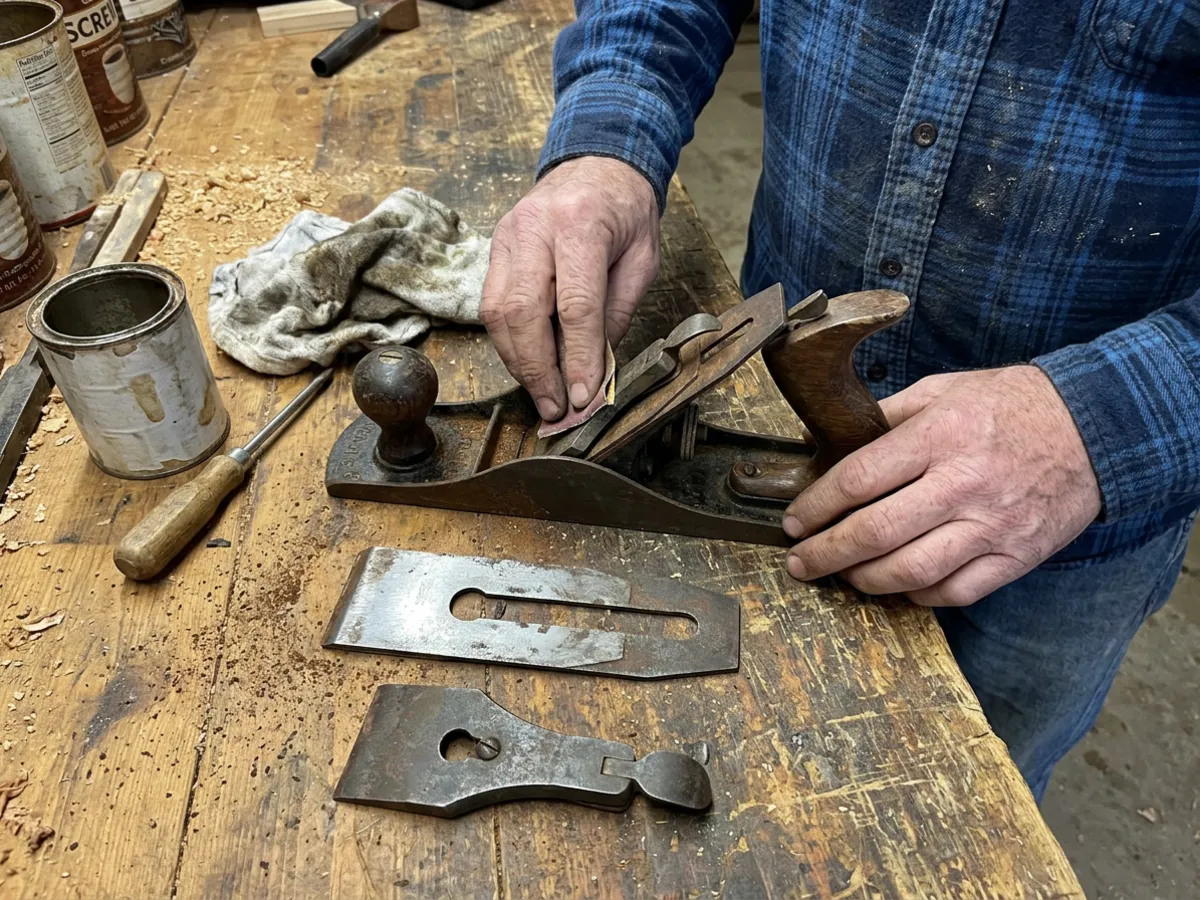 Close-up of weathered hands sanding rust off an old disassembled hand plane, its blade and cap iron on the bench beside it