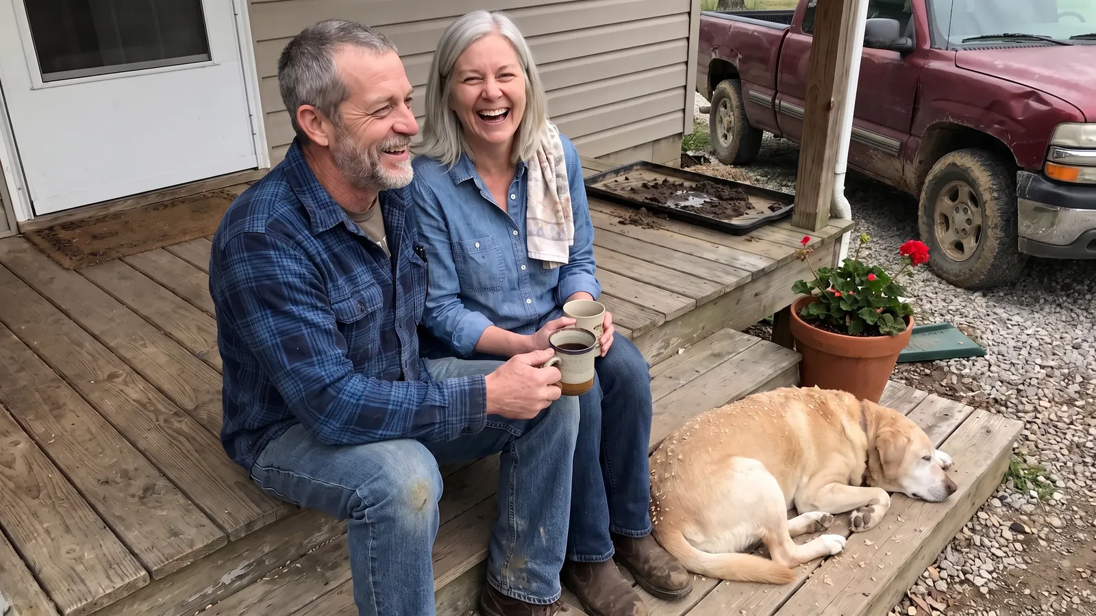 Dale and Linda sitting on their front porch steps with coffee mugs, laughing, with Buck lying at their feet