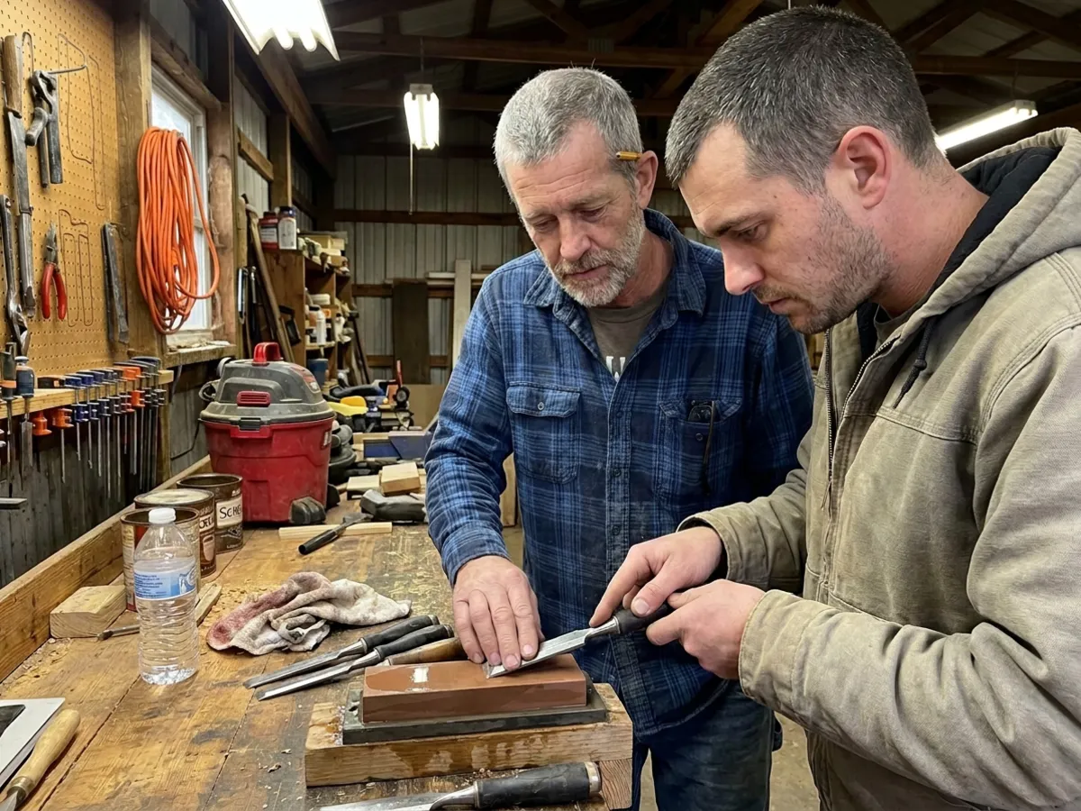 Dale and his adult son Matt at a workbench, Dale showing him how to sharpen a chisel on a whetstone
