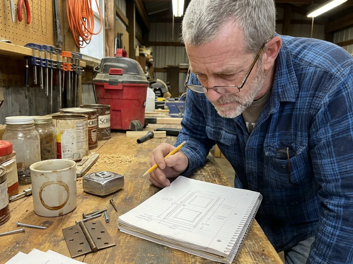 Dale in reading glasses sketching a door with measurements in a spiral notebook, a door hinge and screws on the bench