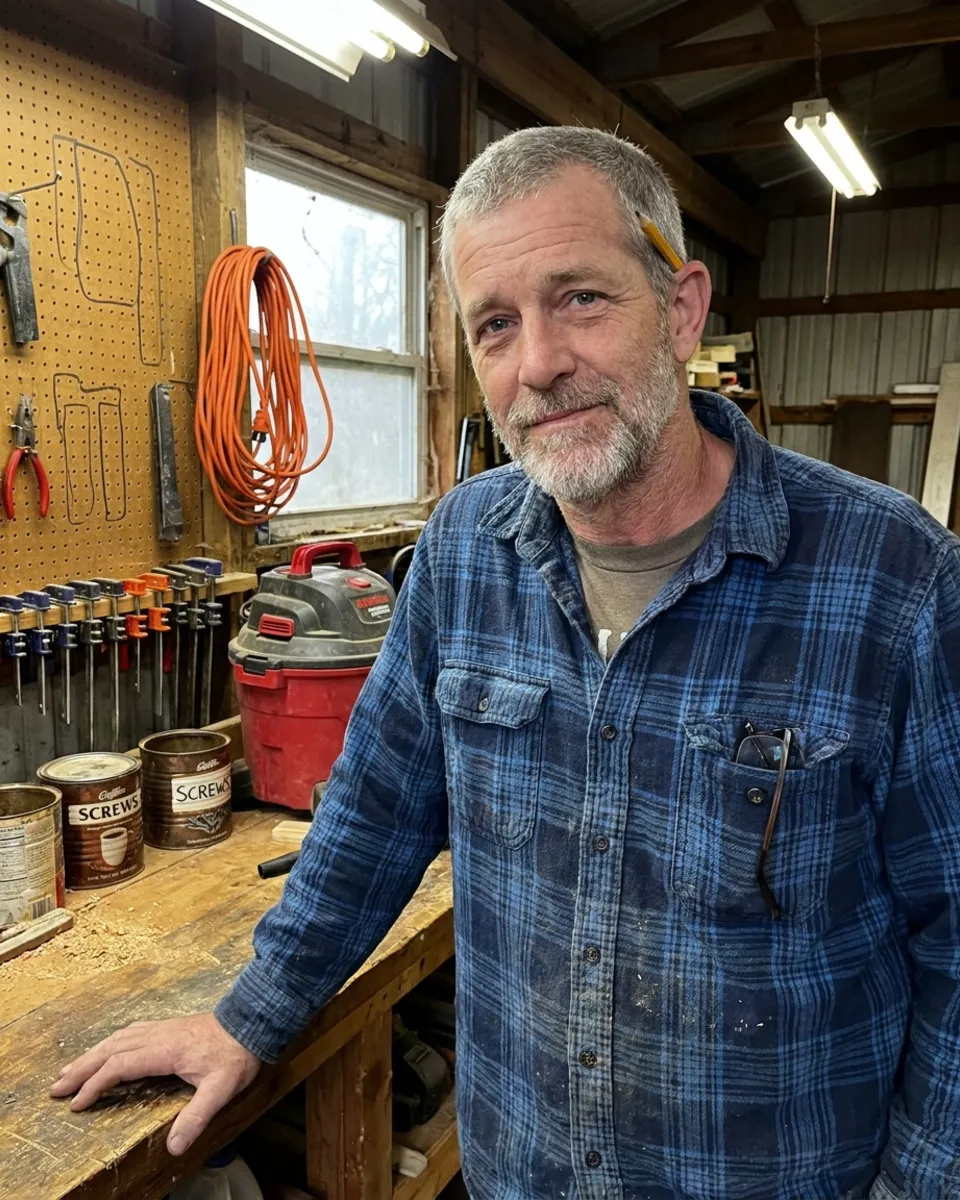 Dale Carter, a 58-year-old man with a salt-and-pepper beard and a flannel shirt, leaning on his workbench