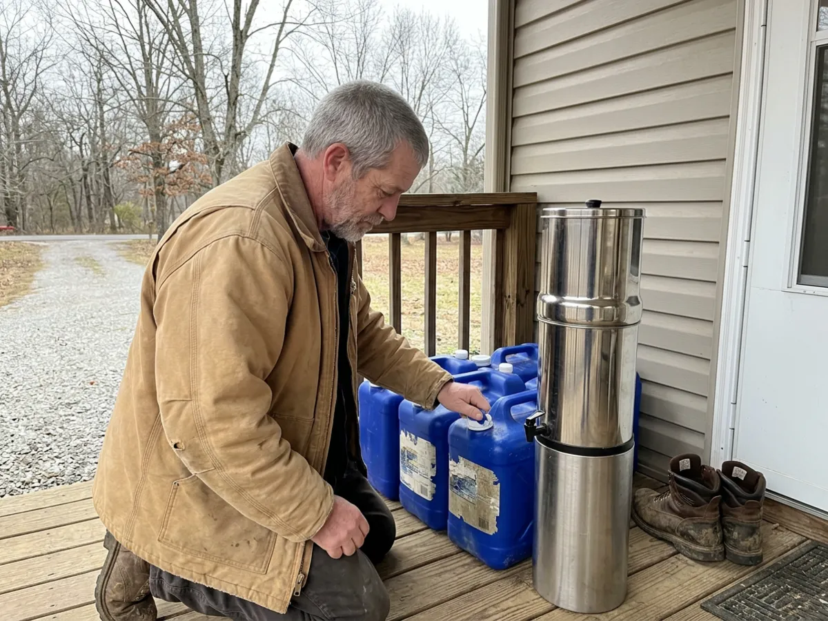 Dale kneeling on his back porch beside blue water storage containers and a stainless steel gravity water filter