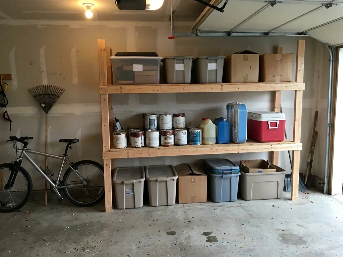 A sturdy homemade 2x4 and plywood garage shelf loaded with storage totes, paint cans and a cooler, a bicycle and rake beside it