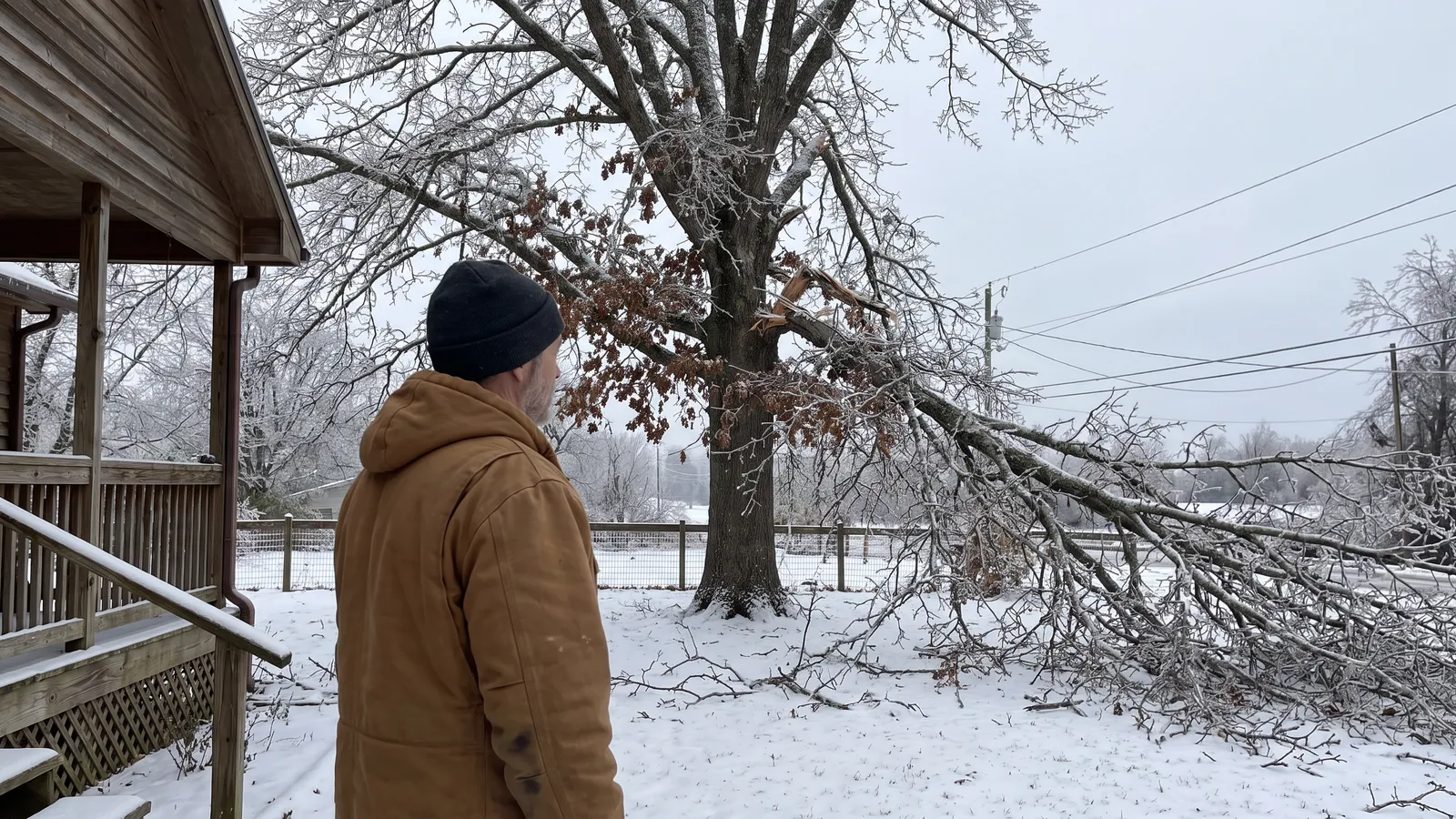 Dale in a canvas coat and knit cap, seen from behind, looking at a large oak with broken, ice-covered branches lying across the snowy yard