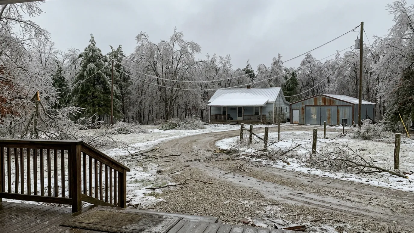A rural Missouri property after an ice storm, trees coated in ice and broken branches, a pole barn and farmhouse in the background