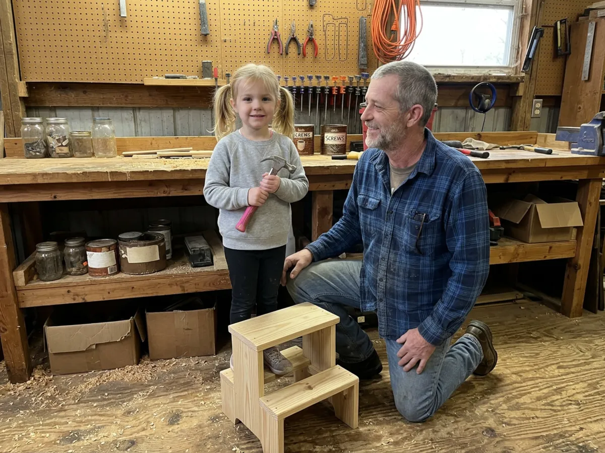A five-year-old girl with blonde pigtails holding a pink-handled hammer next to a small handmade pine step stool, Dale kneeling beside her in the shop