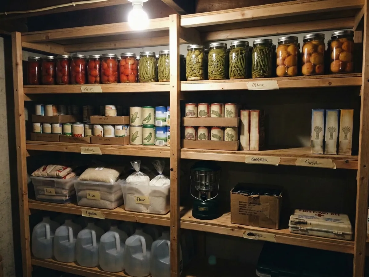 A basement pantry with rows of home-canned jars, canned goods, rice and flour bins, gallon water jugs, a lantern and a first-aid kit, shelves labeled with masking tape
