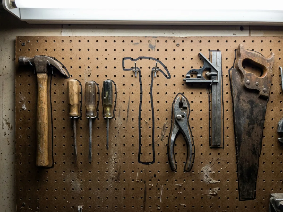 A pegboard with black marker outlines drawn around each hand tool, one hammer outline empty